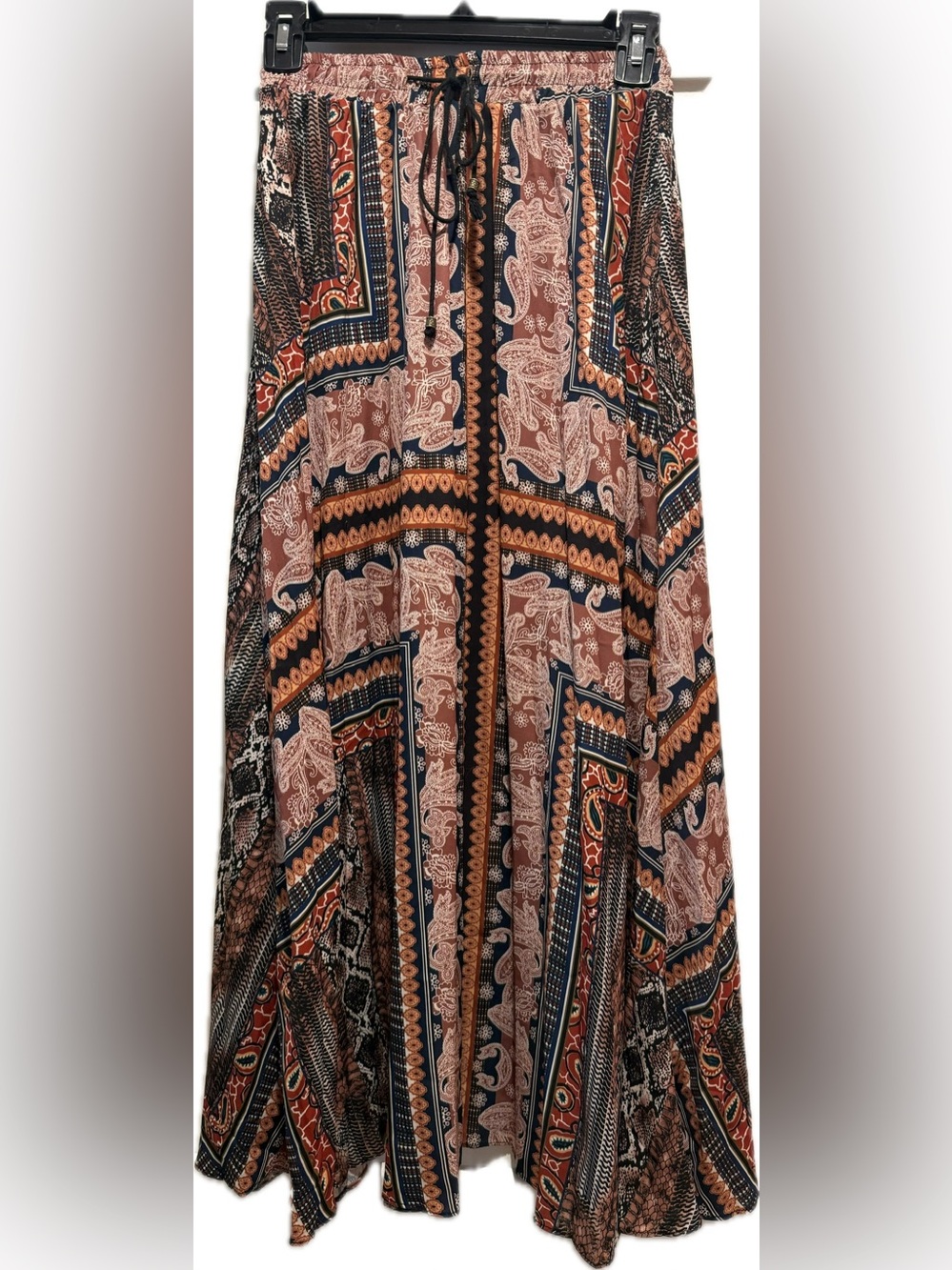 Vintage flowy stretch boho terracotta paisley maxi skirt XS